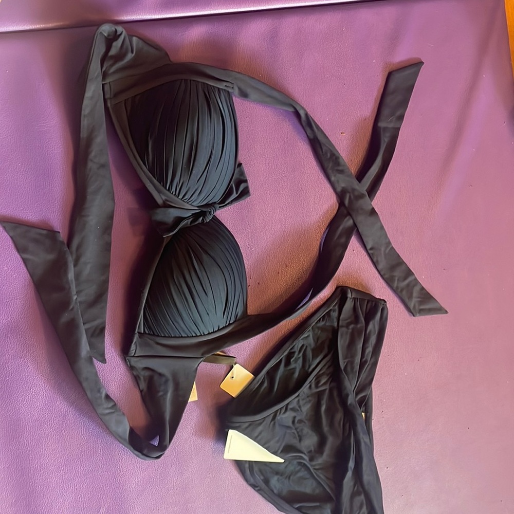 SEAFOLLY sz8 bikini navy vtg pinup padded halter bra & twist bottom